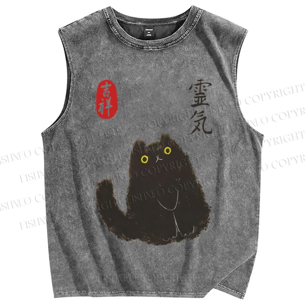 Unisex Japanese Vintage Cat Printed Washed Tank Top