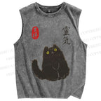 Unisex Japanese Vintage Cat Printed Washed Tank Top