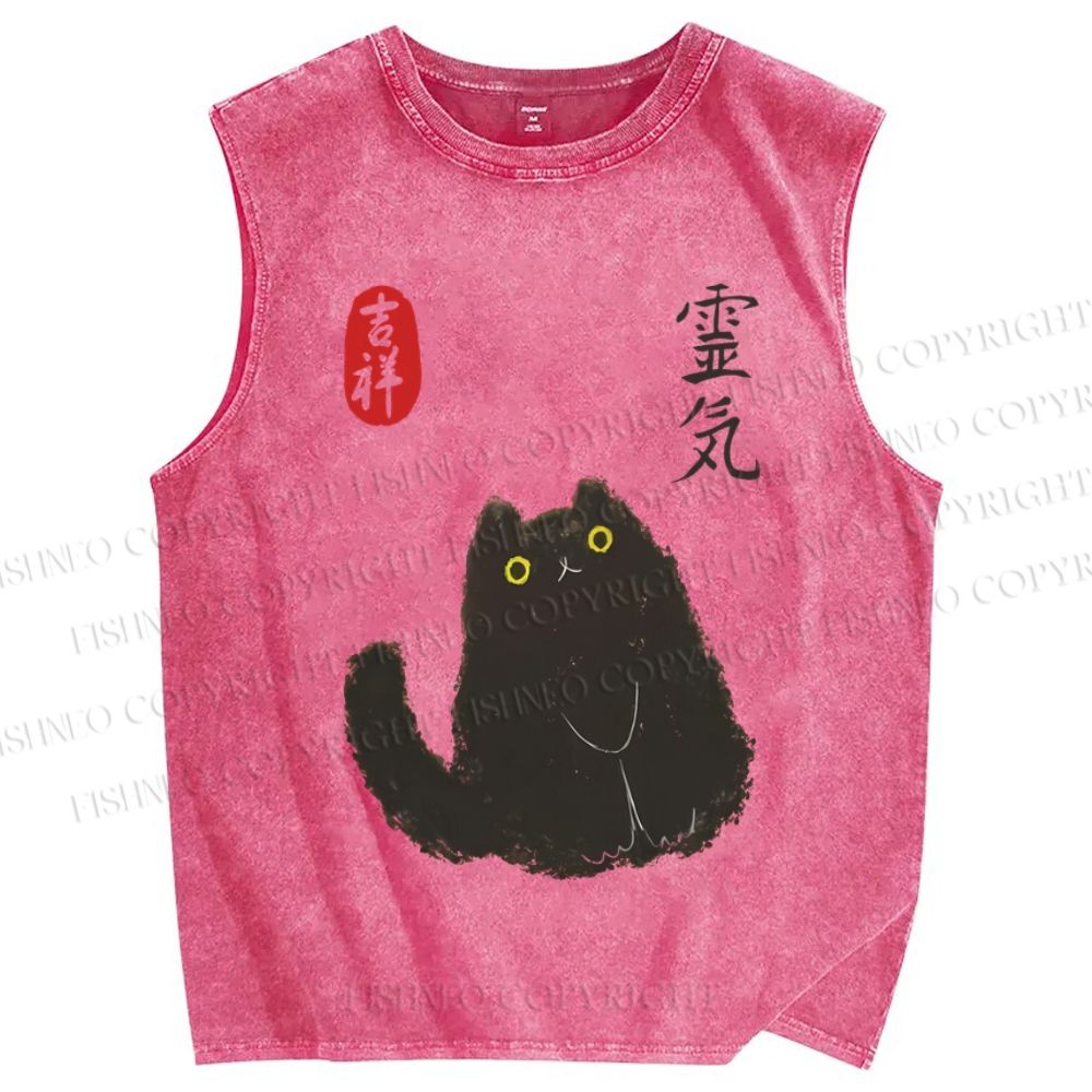 Unisex Japanese Vintage Cat Printed Washed Tank Top