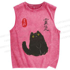 Unisex Japanese Vintage Cat Printed Washed Tank Top