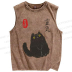 Unisex Japanese Vintage Cat Printed Washed Tank Top