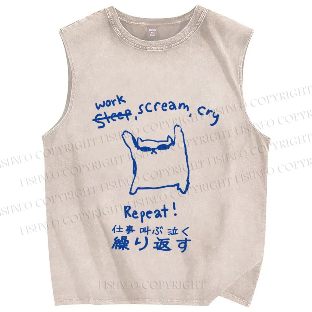 Unisex Japanese Cat Work Scream Cry Repeat Printed Washed Tank Top