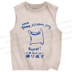 Unisex Japanese Cat Work Scream Cry Repeat Printed Washed Tank Top