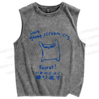 Unisex Japanese Cat Work Scream Cry Repeat Printed Washed Tank Top