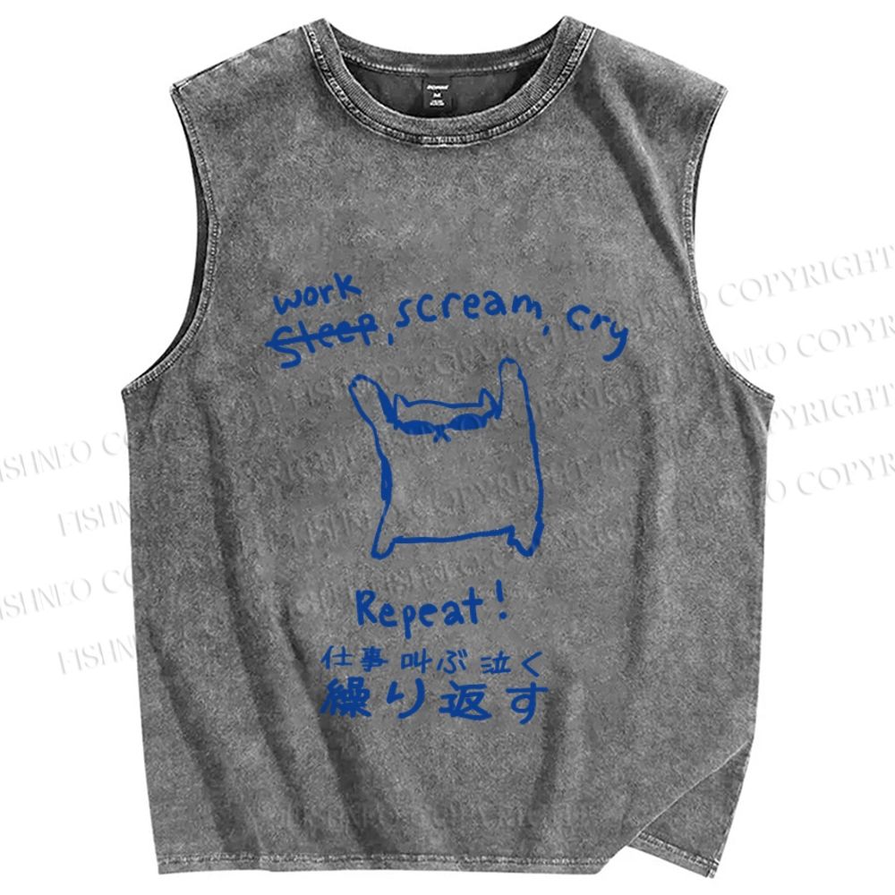 Unisex Japanese Cat Work Scream Cry Repeat Printed Washed Tank Top
