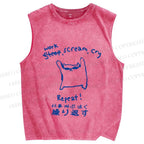 Unisex Japanese Cat Work Scream Cry Repeat Printed Washed Tank Top