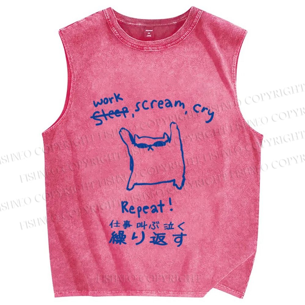 Unisex Japanese Cat Work Scream Cry Repeat Printed Washed Tank Top