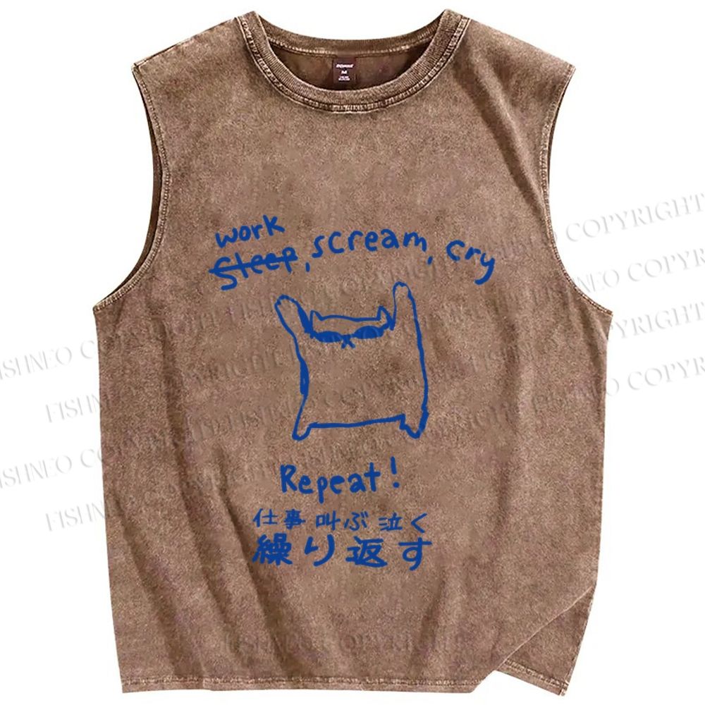 Unisex Japanese Cat Work Scream Cry Repeat Printed Washed Tank Top