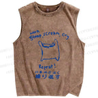 Unisex Japanese Cat Work Scream Cry Repeat Printed Washed Tank Top