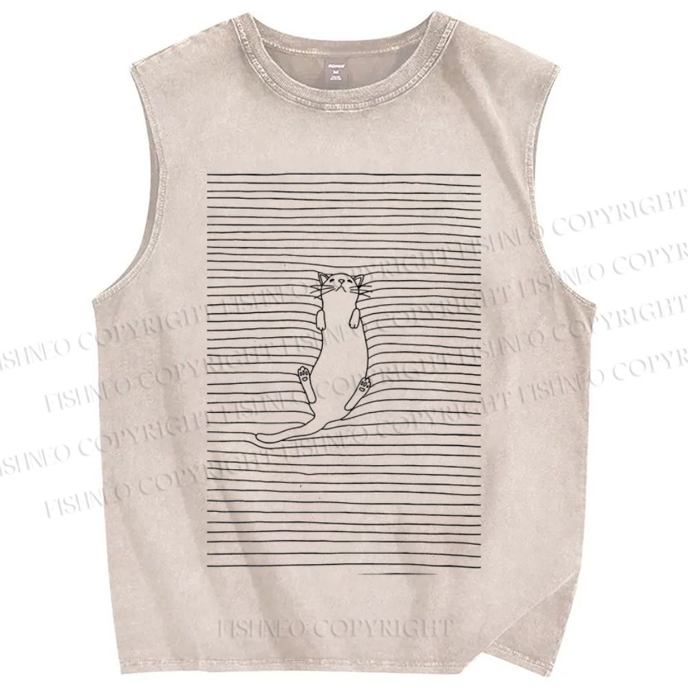 Unisex Lazy Cat In Lines Printed Washed Tank Top