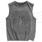 Unisex Lazy Cat In Lines Printed Washed Tank Top