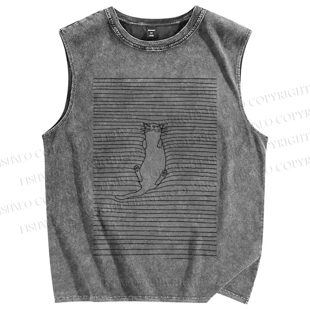 Unisex Lazy Cat In Lines Printed Washed Tank Top