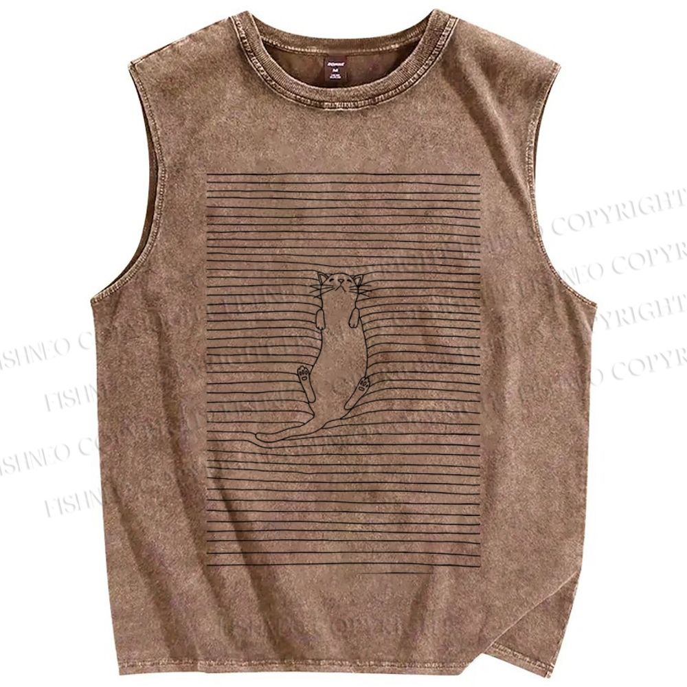 Unisex Lazy Cat In Lines Printed Washed Tank Top