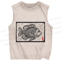 Unisex Vintage Fish Printed Washed Tank Top