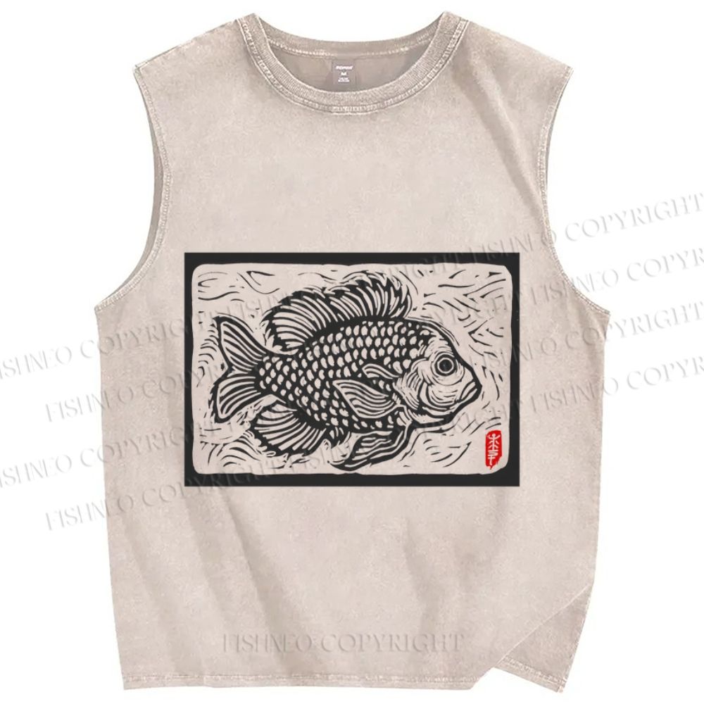 Unisex Vintage Fish Printed Washed Tank Top