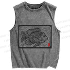 Unisex Vintage Fish Printed Washed Tank Top