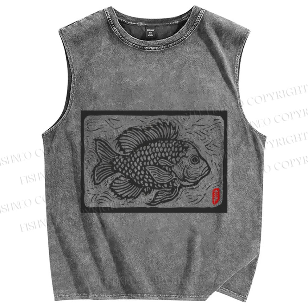 Unisex Vintage Fish Printed Washed Tank Top