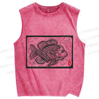 Unisex Vintage Fish Printed Washed Tank Top