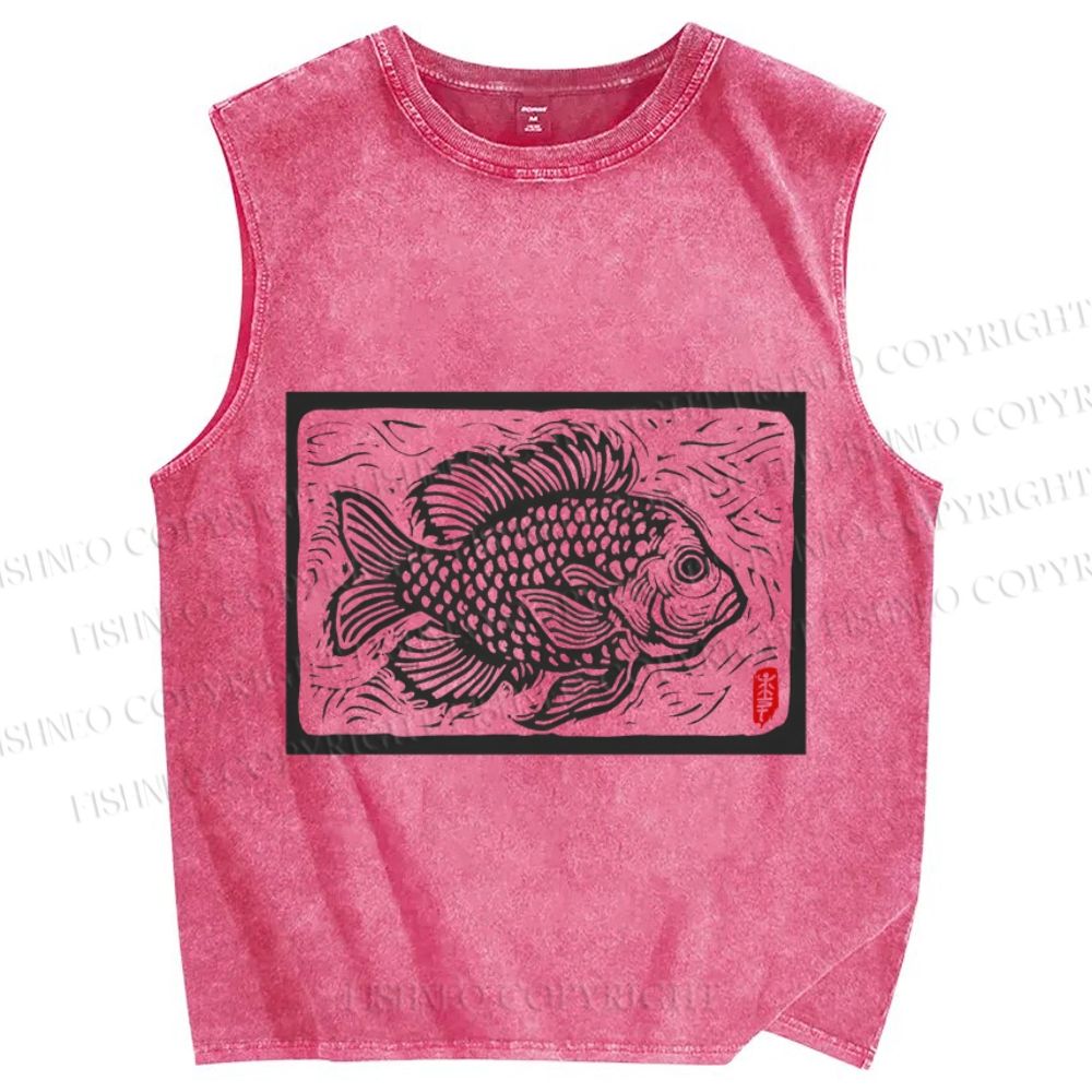 Unisex Vintage Fish Printed Washed Tank Top