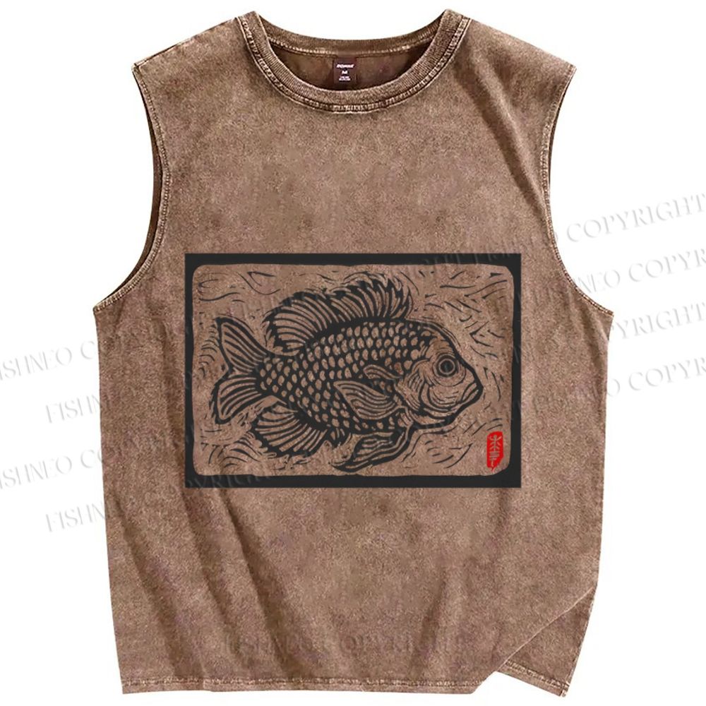 Unisex Vintage Fish Printed Washed Tank Top