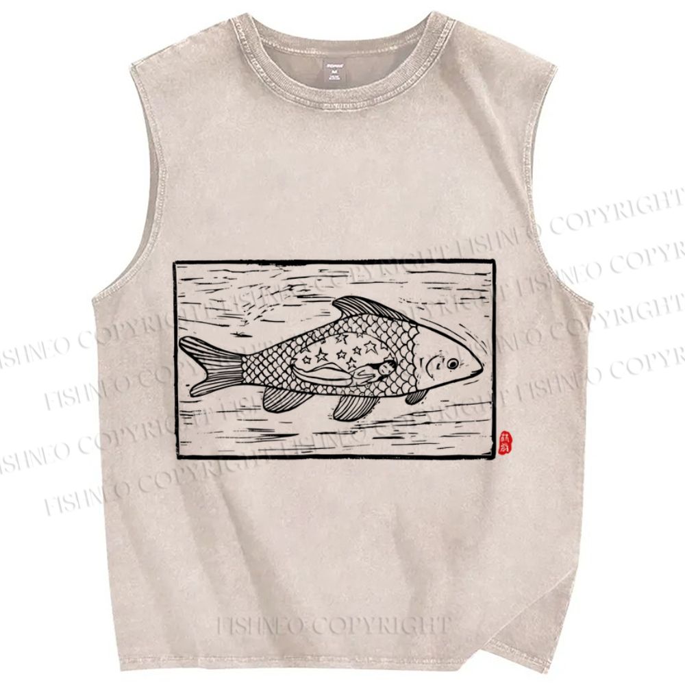Unisex Vintage Fish Printed Washed Tank Top