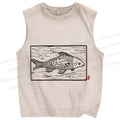 Unisex Vintage Fish Printed Washed Tank Top