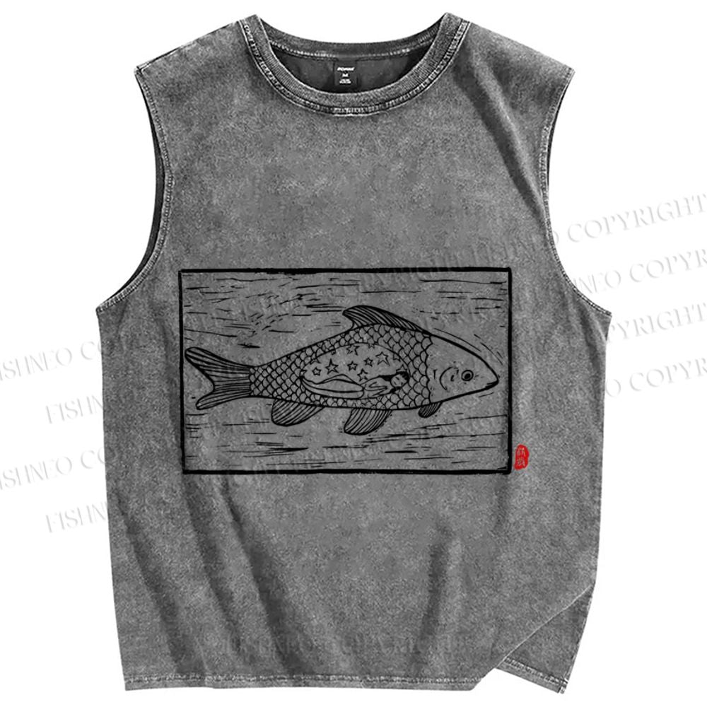 Unisex Vintage Fish Printed Washed Tank Top