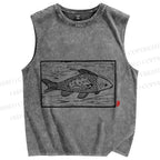 Unisex Vintage Fish Printed Washed Tank Top