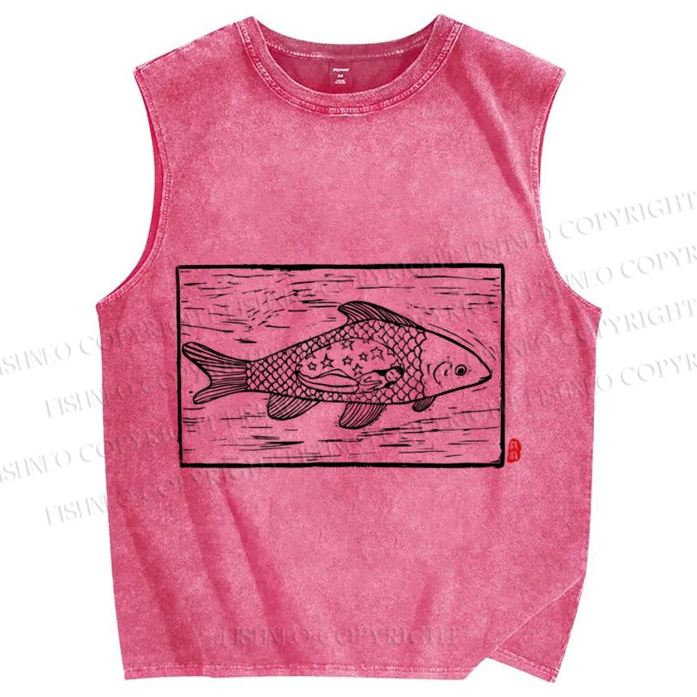 Unisex Vintage Fish Printed Washed Tank Top