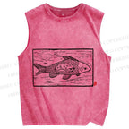 Unisex Vintage Fish Printed Washed Tank Top