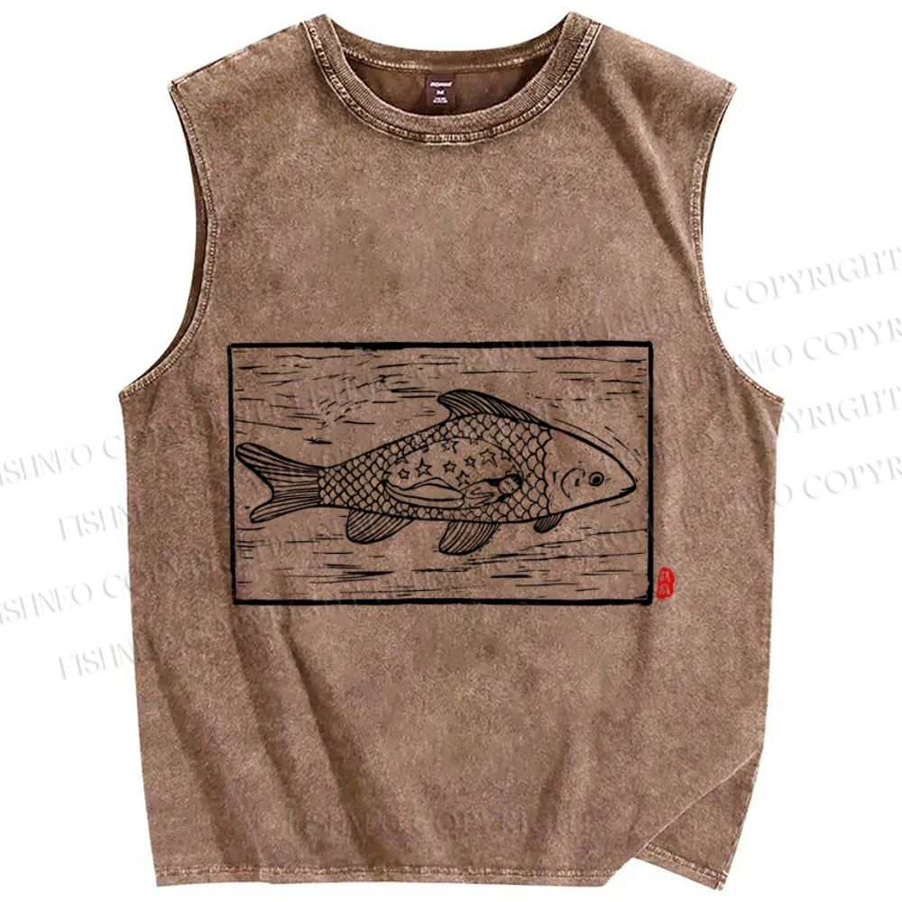 Unisex Vintage Fish Printed Washed Tank Top