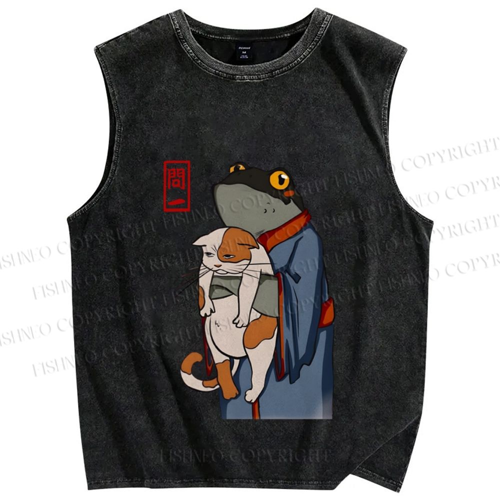 Unisex Japanese Style Vintage Frog Hug Cat Printed Washed Tank Top