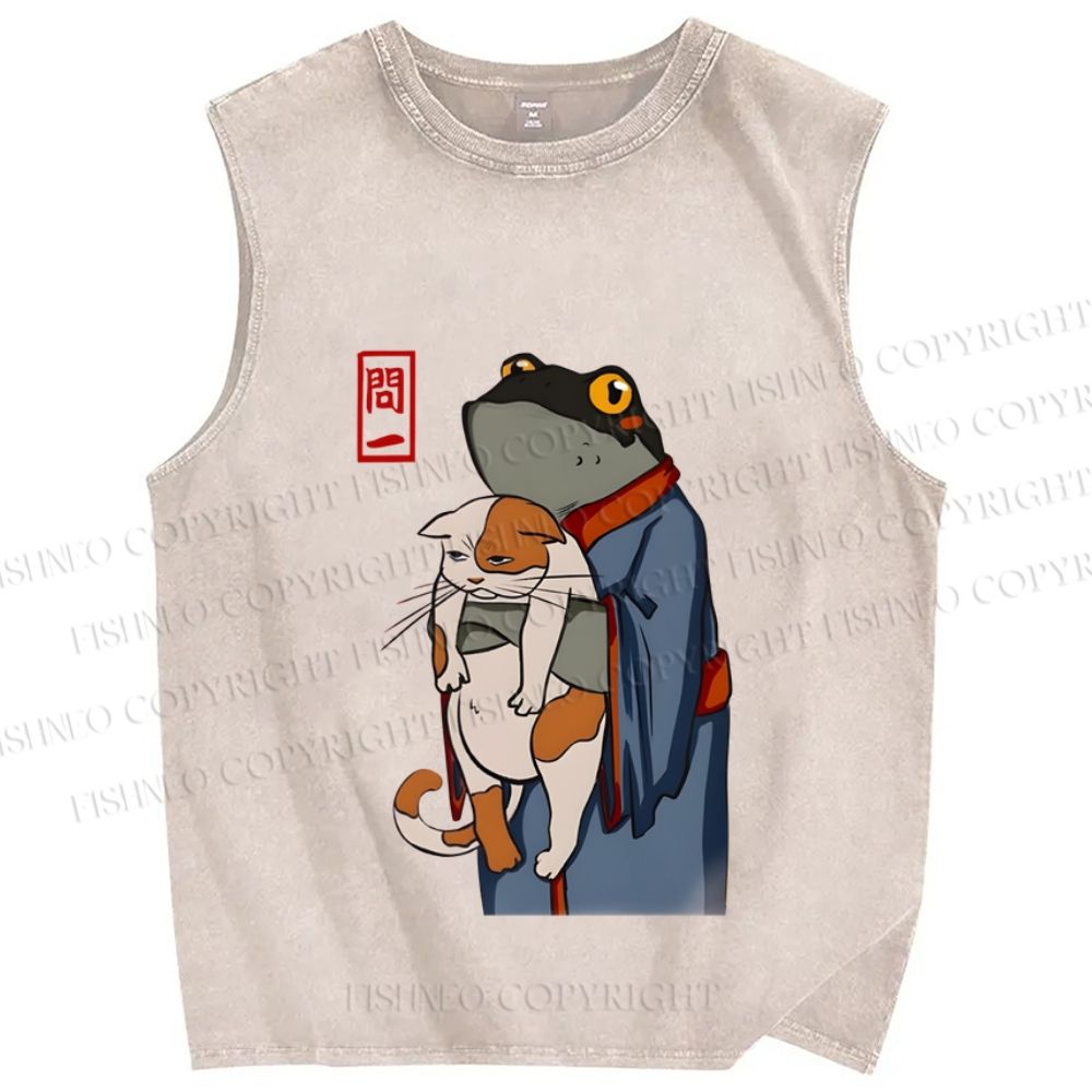 Unisex Japanese Style Vintage Frog Hug Cat Printed Washed Tank Top