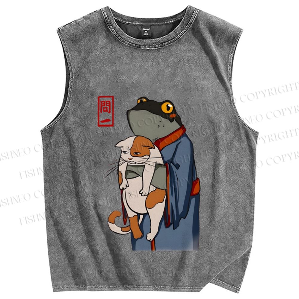 Unisex Japanese Style Vintage Frog Hug Cat Printed Washed Tank Top