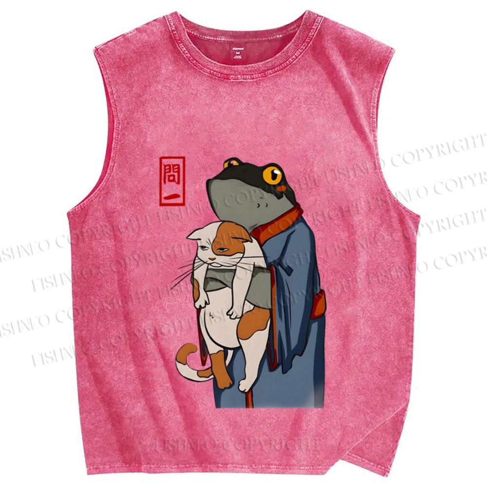 Unisex Japanese Style Vintage Frog Hug Cat Printed Washed Tank Top