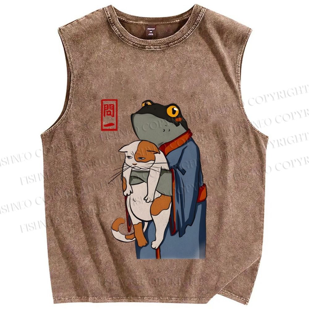 Unisex Japanese Style Vintage Frog Hug Cat Printed Washed Tank Top