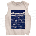 Unisex Vintage Sea Wave Printed Washed Tank Top