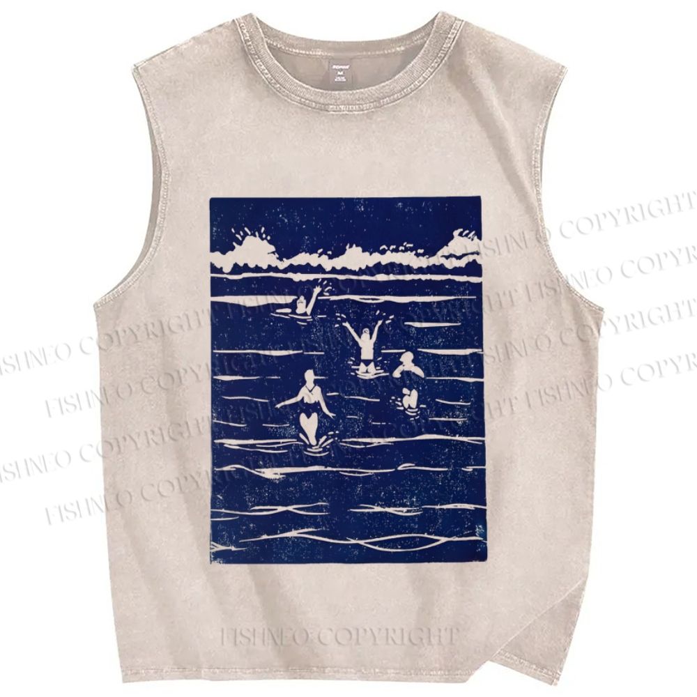 Unisex Vintage Sea Wave Printed Washed Tank Top