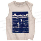 Unisex Vintage Sea Wave Printed Washed Tank Top