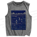 Unisex Vintage Sea Wave Printed Washed Tank Top