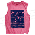 Unisex Vintage Sea Wave Printed Washed Tank Top
