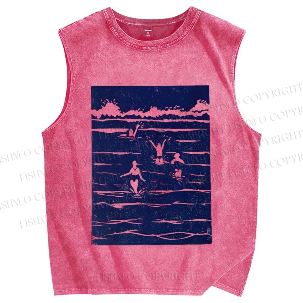 Unisex Vintage Sea Wave Printed Washed Tank Top