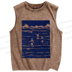 Unisex Vintage Sea Wave Printed Washed Tank Top