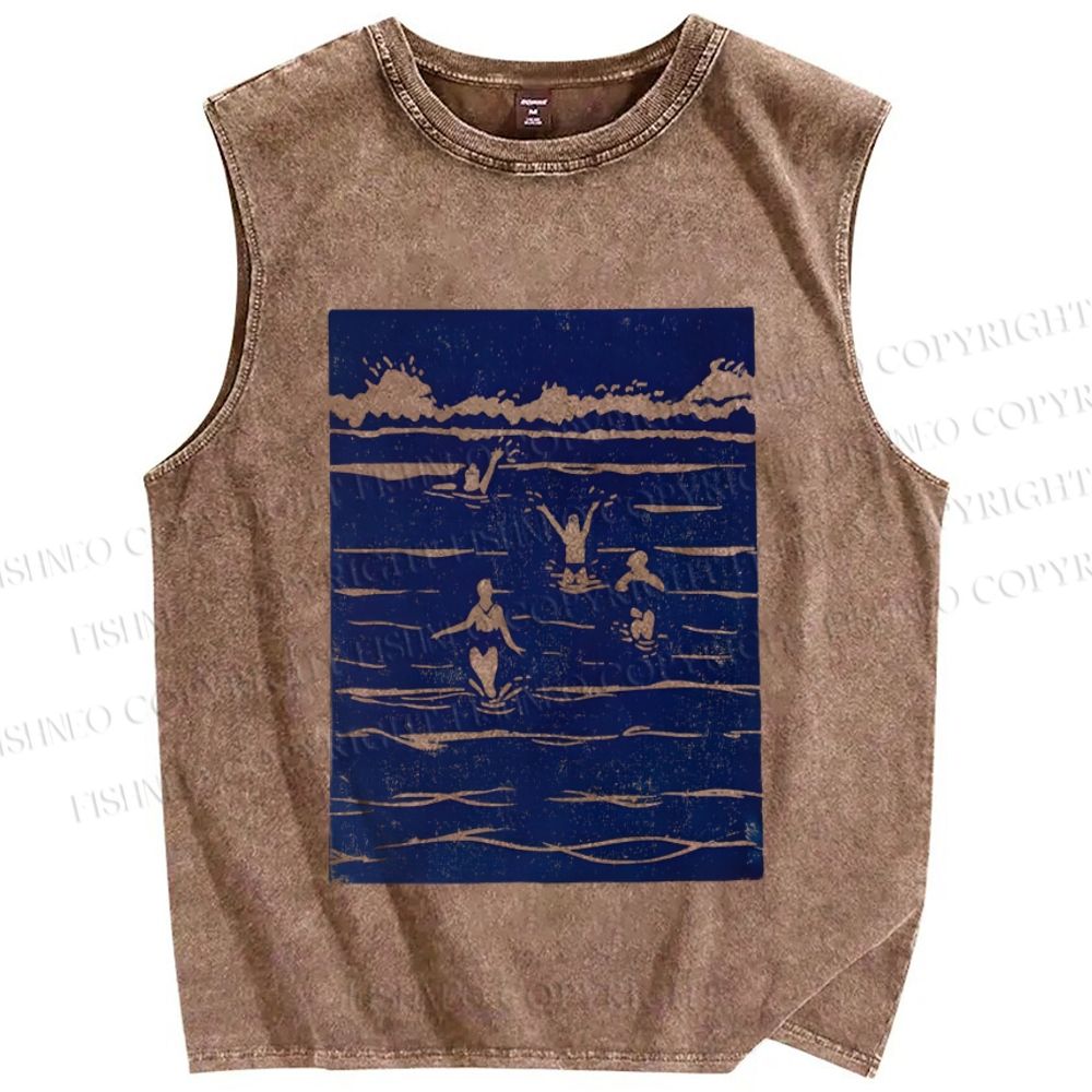 Unisex Vintage Sea Wave Printed Washed Tank Top