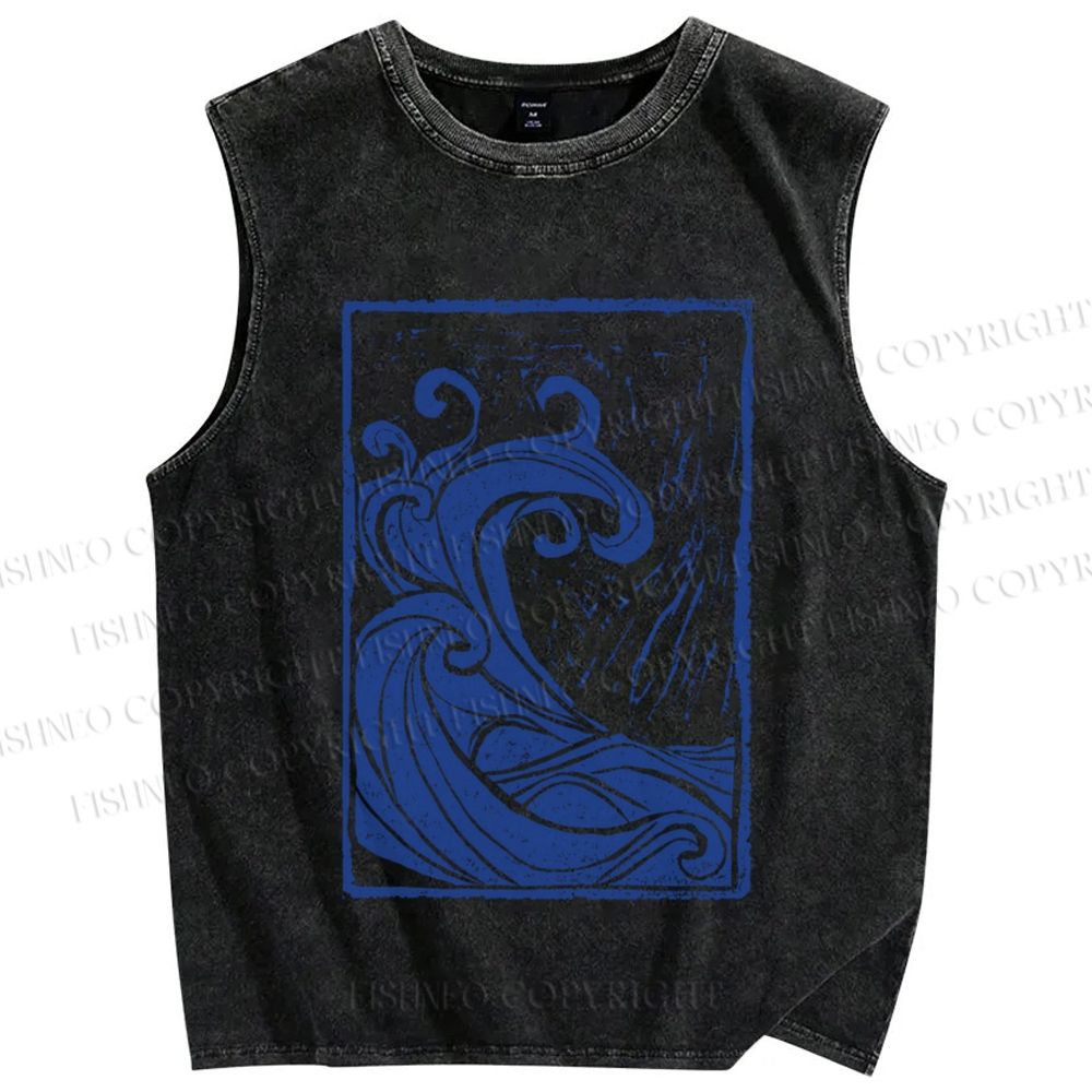 Unisex Vintage Sea Wave Printed Washed Tank Top