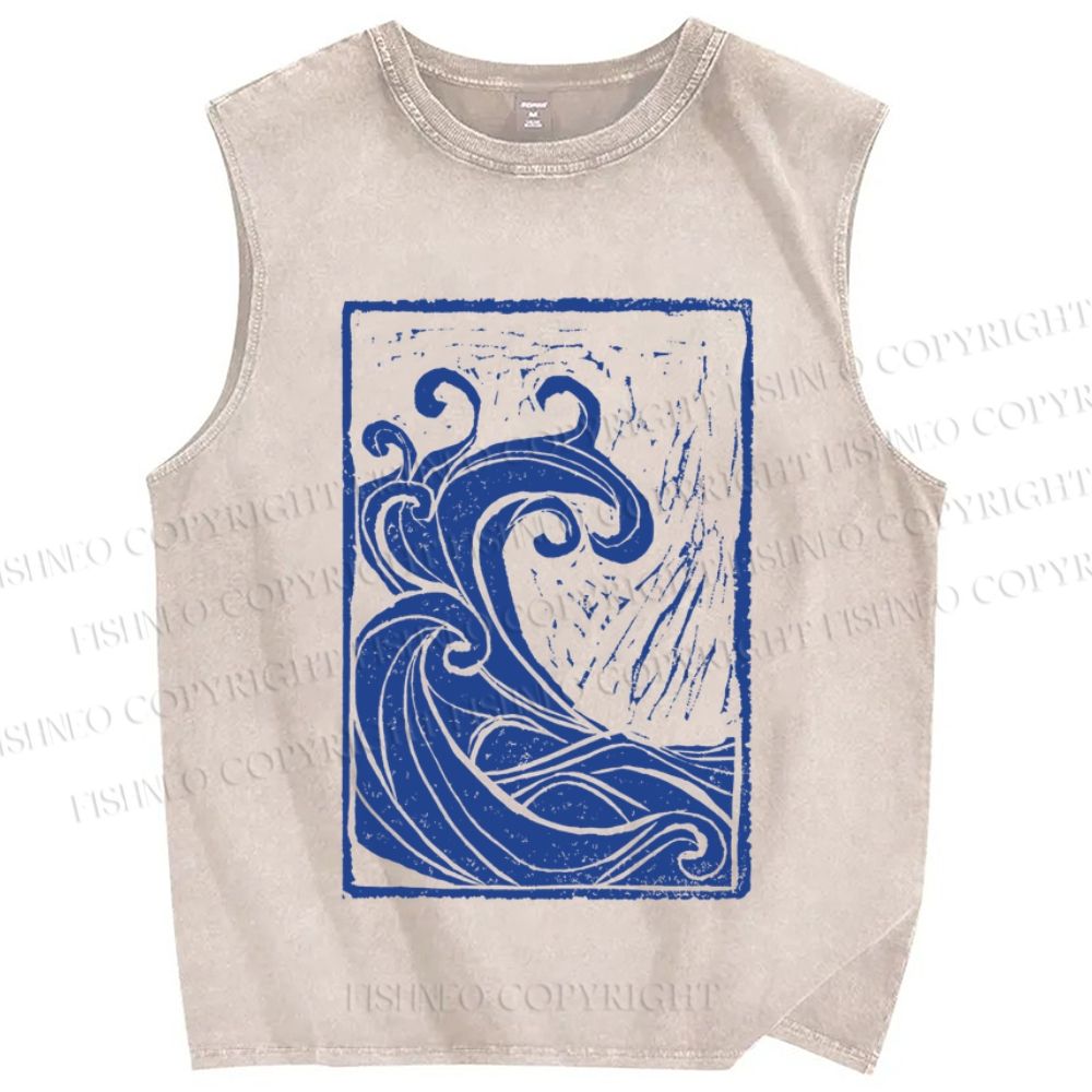Unisex Vintage Sea Wave Printed Washed Tank Top