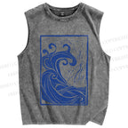 Unisex Vintage Sea Wave Printed Washed Tank Top