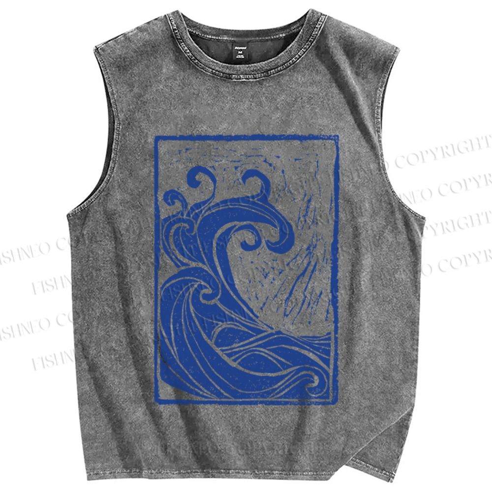 Unisex Vintage Sea Wave Printed Washed Tank Top
