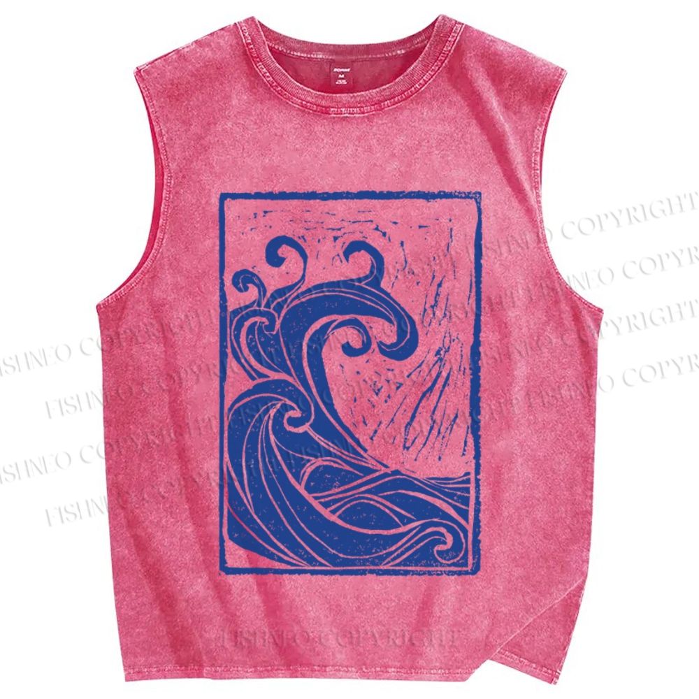 Unisex Vintage Sea Wave Printed Washed Tank Top