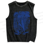 Unisex Vintage Wave Whale Printed Washed Tank Top